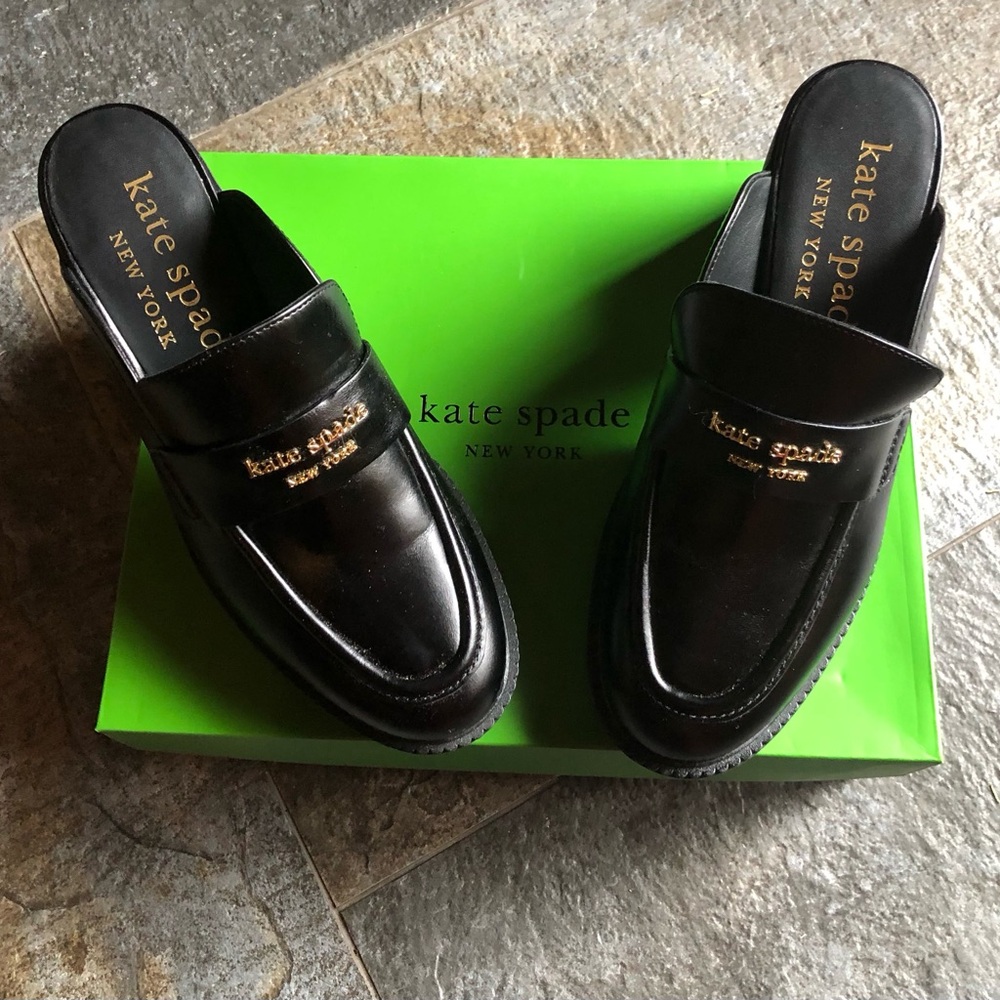 Kate Spade New York Women’s Black Blake Mule Loafer With Gold Emblems. Size 10B.